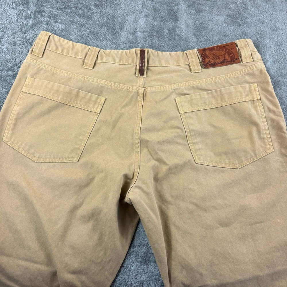 Eddie Bauer Mens 42x32 Khaki Tan Cotton Canvas Leather Trim Straight Leg Pants - Picture 12 of 13